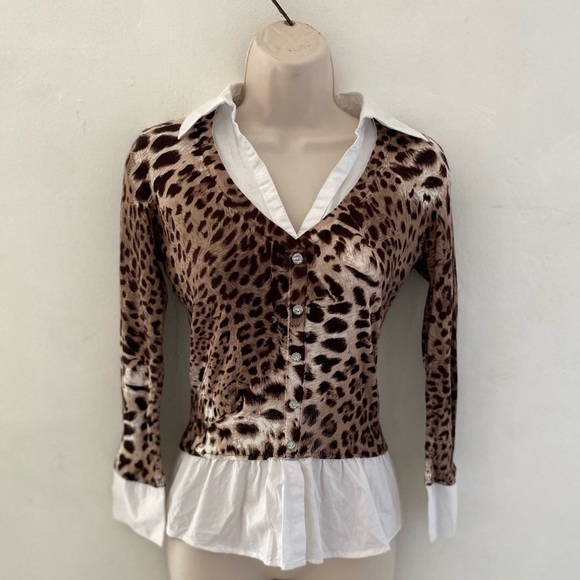 INC International Concepts preppy vtg y2k Animal Print Blouse with White Trim - Picture 1 of 5